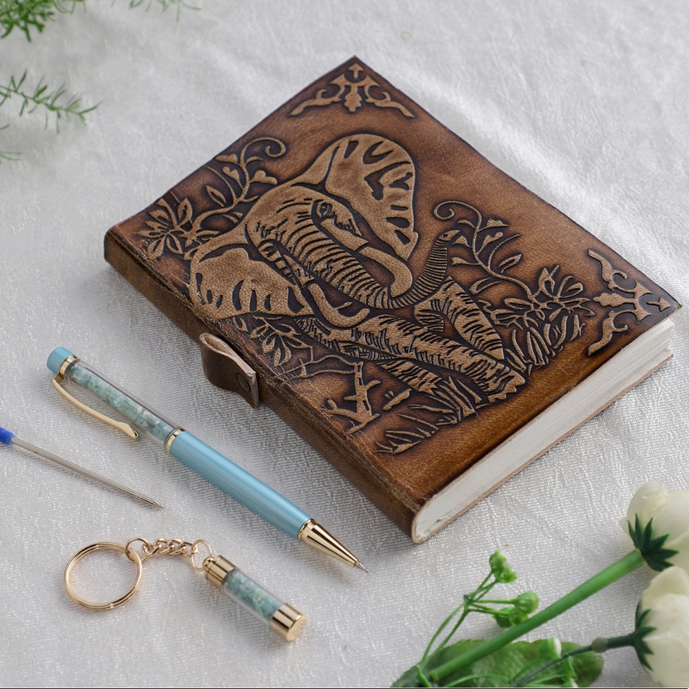 Genuine Leather Hand Embossed Diary with Gradidierite Filled Pen and Key Chain